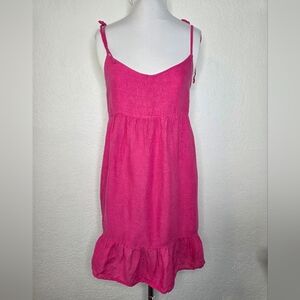 Zara Hot Pink, Tie Shoulder Strap Ruffle Mini Dress, Size Large 100% Linen